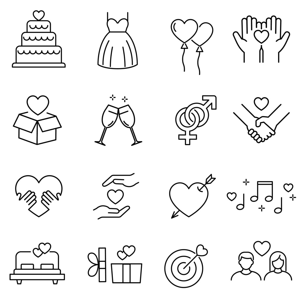 結婚と恋愛の線画アイコンセット