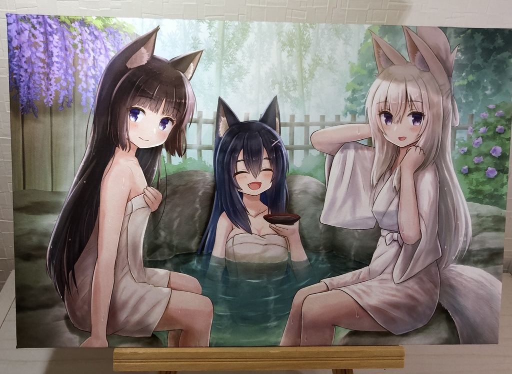 和紙アートパネル「ケモミミ娘達と温泉」