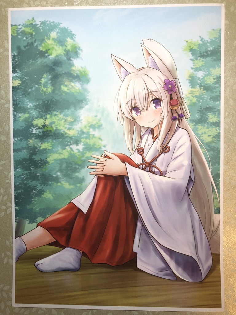 和紙アートパネル「リラックスしている巫女狐娘」