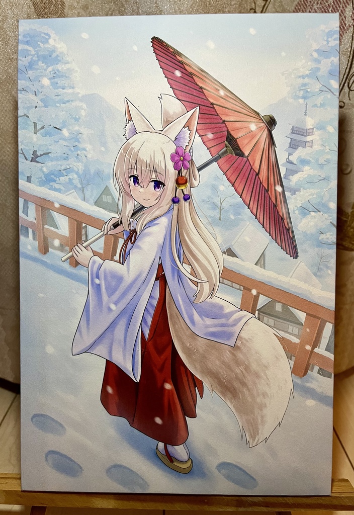 和紙アートパネル【雪と巫女狐娘】