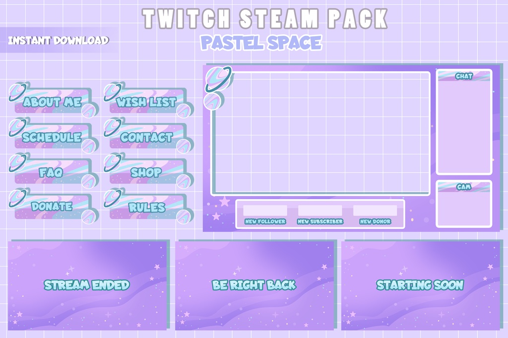 Pastel Space Stream Overlay Package for Twitch, Kawaii Cute Space Theme Twitch Overlay, Cam Overlay, Panels, Streamer pack