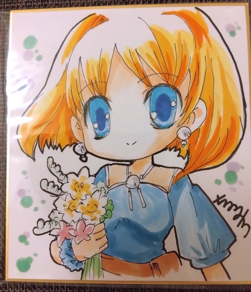 手描きミニ色紙・花を持った女の子