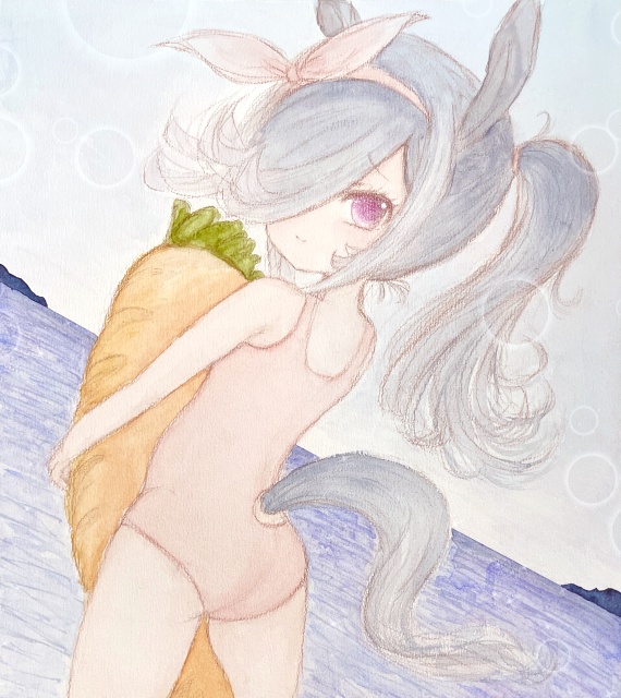 透明水彩 ライスちゃんと夏の海