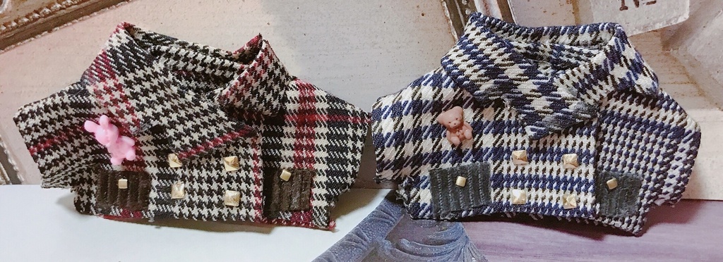 ダブルボタンチェックスプリングコート(10、12cmぬいちゃん用)