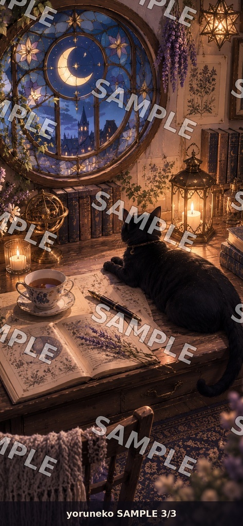 夜の工房と黒猫|スマホ壁紙3枚セット|Night Atelier & Black Cat Wallpapers