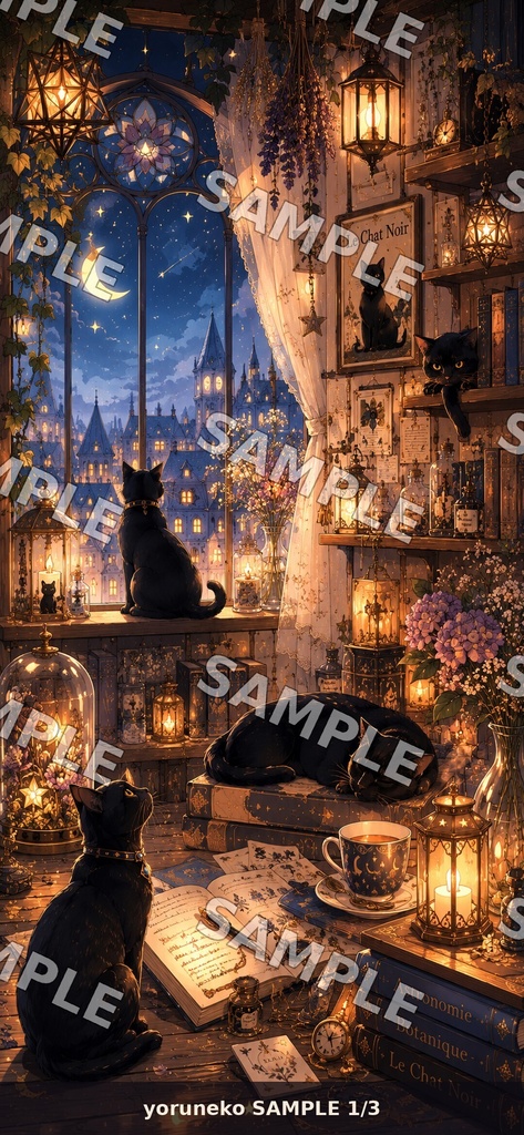 夜の工房と黒猫|スマホ壁紙3枚セット|Night Atelier & Black Cat Wallpapers