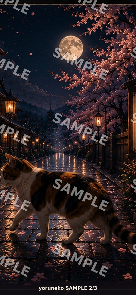 月夜の三毛猫|和風スマホ壁紙3枚セット|Moonlit Calico Cat Wallpapers