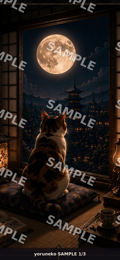 月夜の三毛猫|和風スマホ壁紙3枚セット|Moonlit Calico Cat Wallpapers