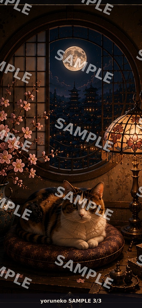 月夜の三毛猫｜和風スマホ壁紙3枚セット｜Moonlit Calico Cat Wallpapers