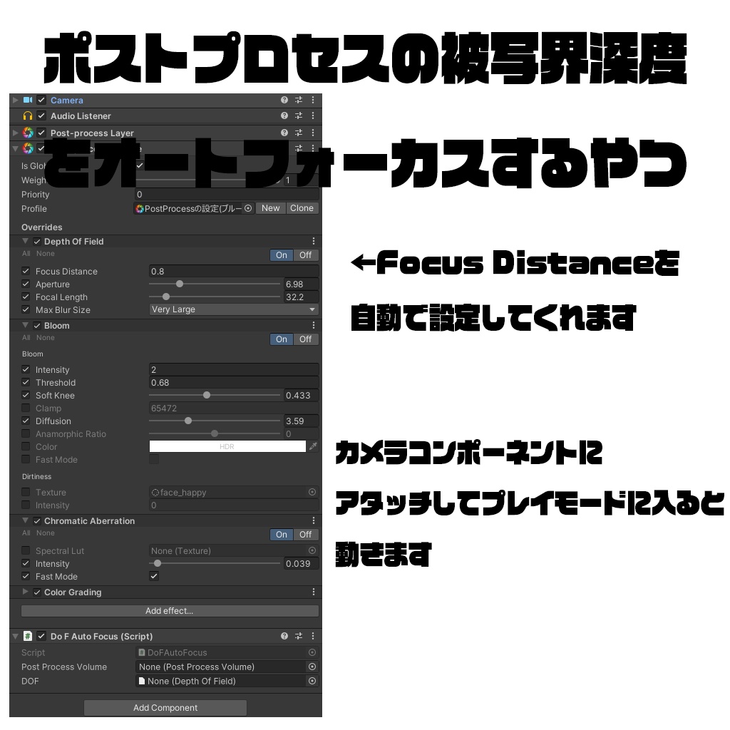【C#スクリプト】Unityのポストプロセスの被写界深度をオートフォーカスするやつ
