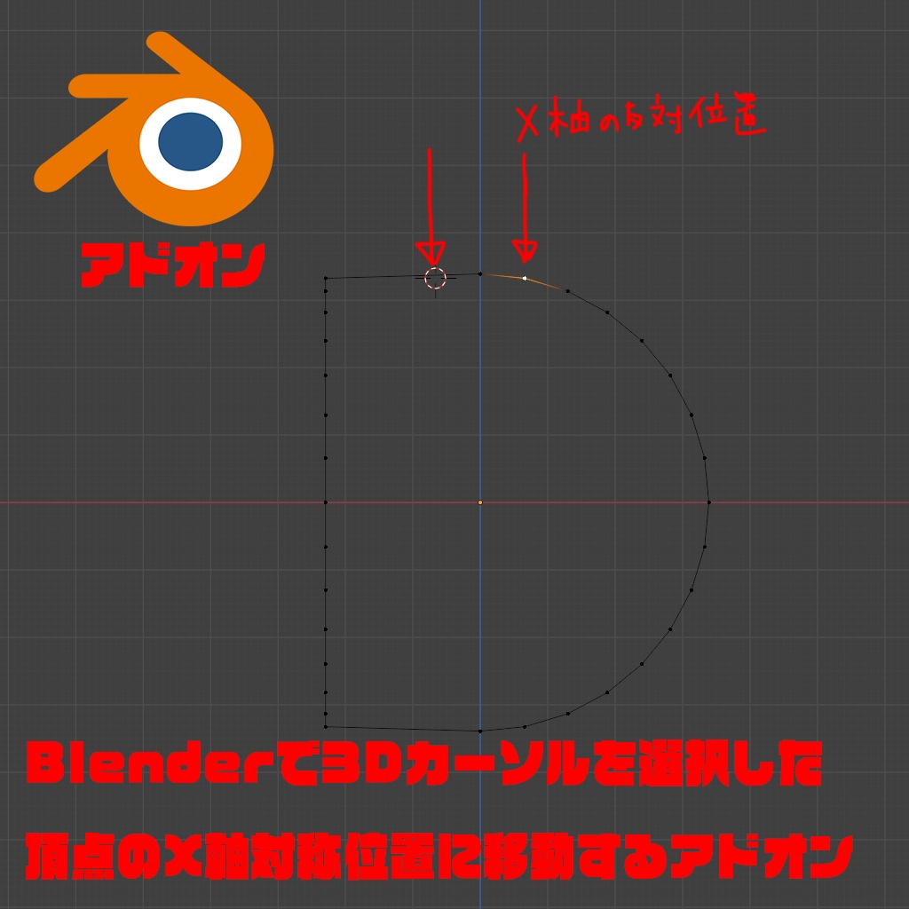 Blenderで3Dカーソルを選択した頂点のX軸対称位置に移動するアドオン