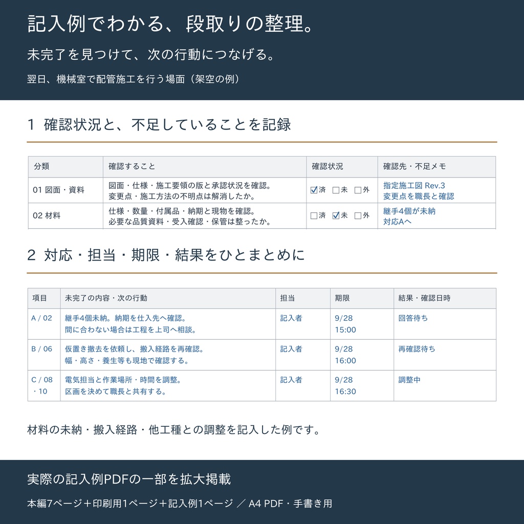 設備施工管理 施工前段取りチェックシート|工種別シート・記入例付き/A4 PDF