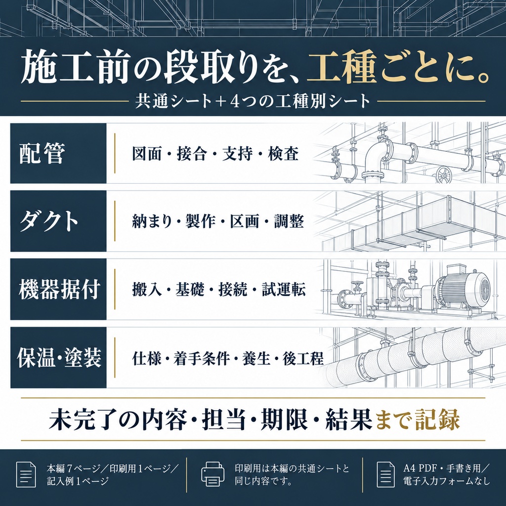 設備施工管理 施工前段取りチェックシート|工種別シート・記入例付き/A4 PDF