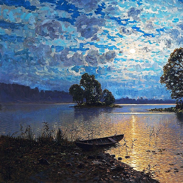 月光がある湖の風景画 A4