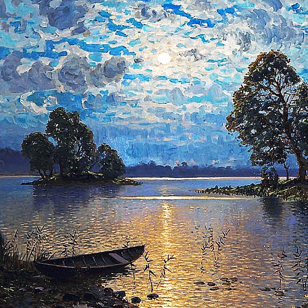 月光がある湖の風景画 A4