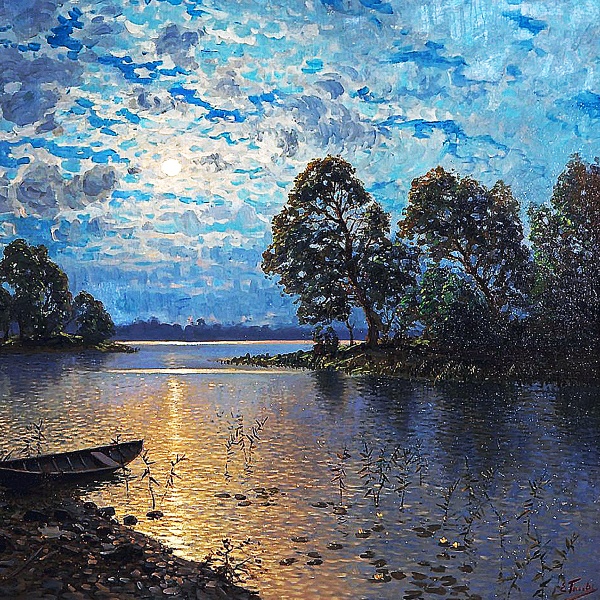 月光がある湖の風景画 A4