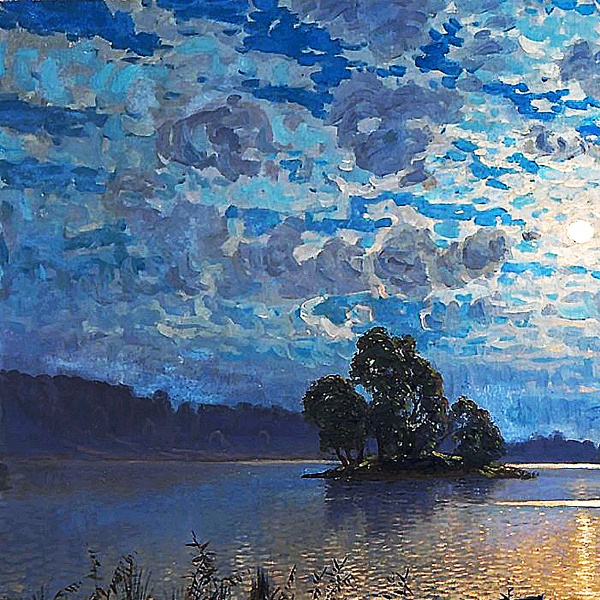 月光がある湖の風景画 A4