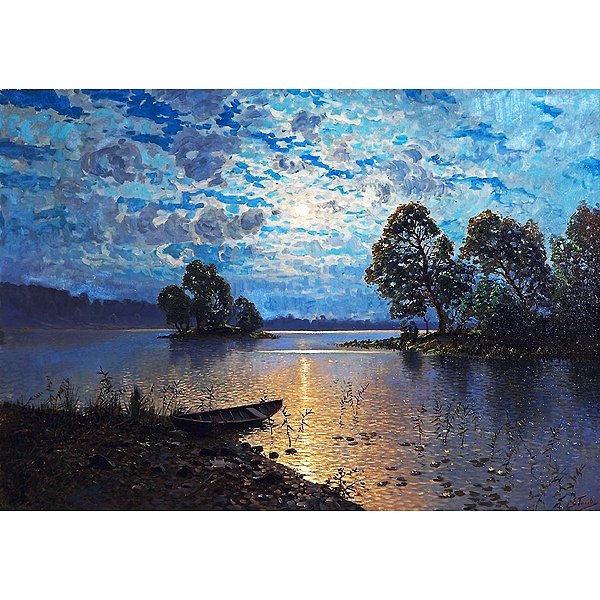 月光がある湖の風景画 A4