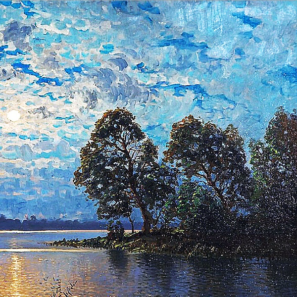 月光がある湖の風景画 A4