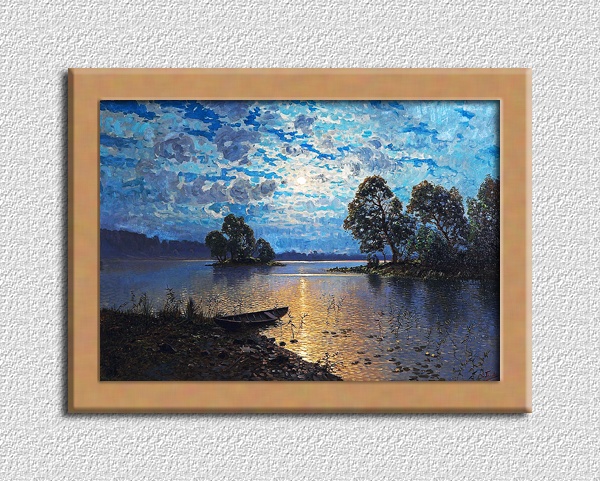 月光がある湖の風景画 A4