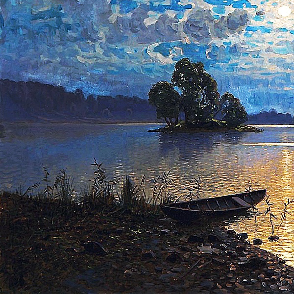 月光がある湖の風景画 A4