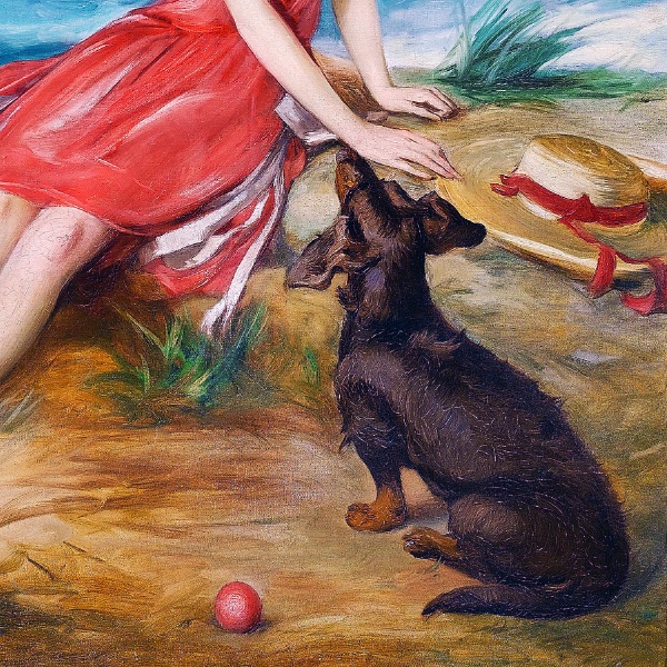 海辺で犬と一緒の赤いドレスの少女