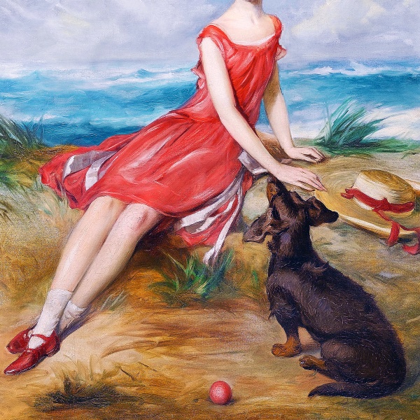 海辺で犬と一緒の赤いドレスの少女