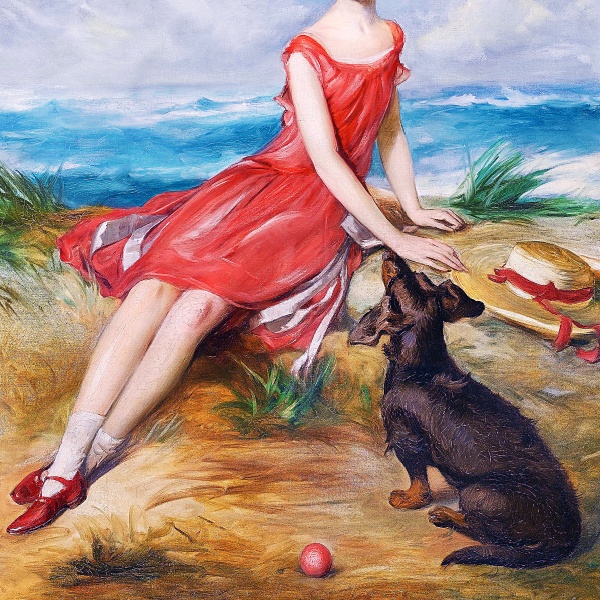 海辺で犬と一緒の赤いドレスの少女