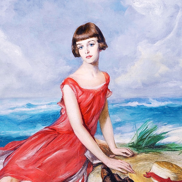 海辺で犬と一緒の赤いドレスの少女