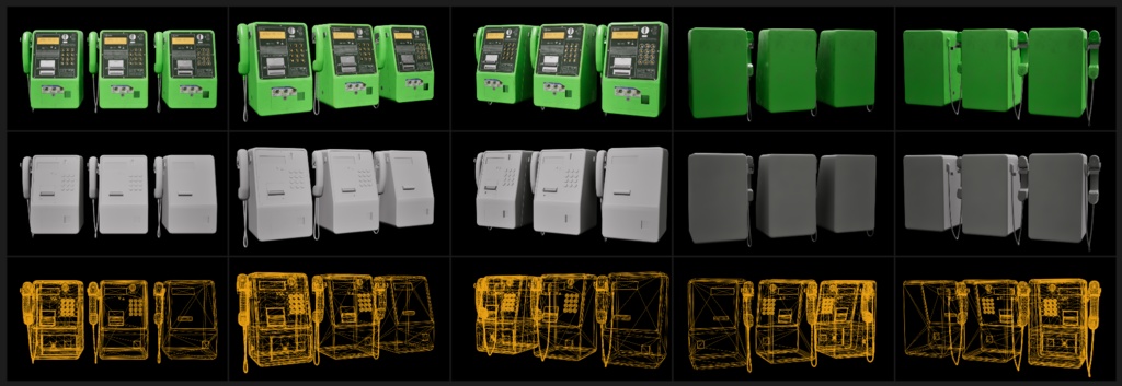 公衆電話3Dモデルセット(ローポリ・ミドルポリ・ハイポリ・FBX・PBR対応)