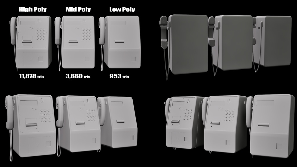 公衆電話3Dモデルセット(ローポリ・ミドルポリ・ハイポリ・FBX・PBR対応)