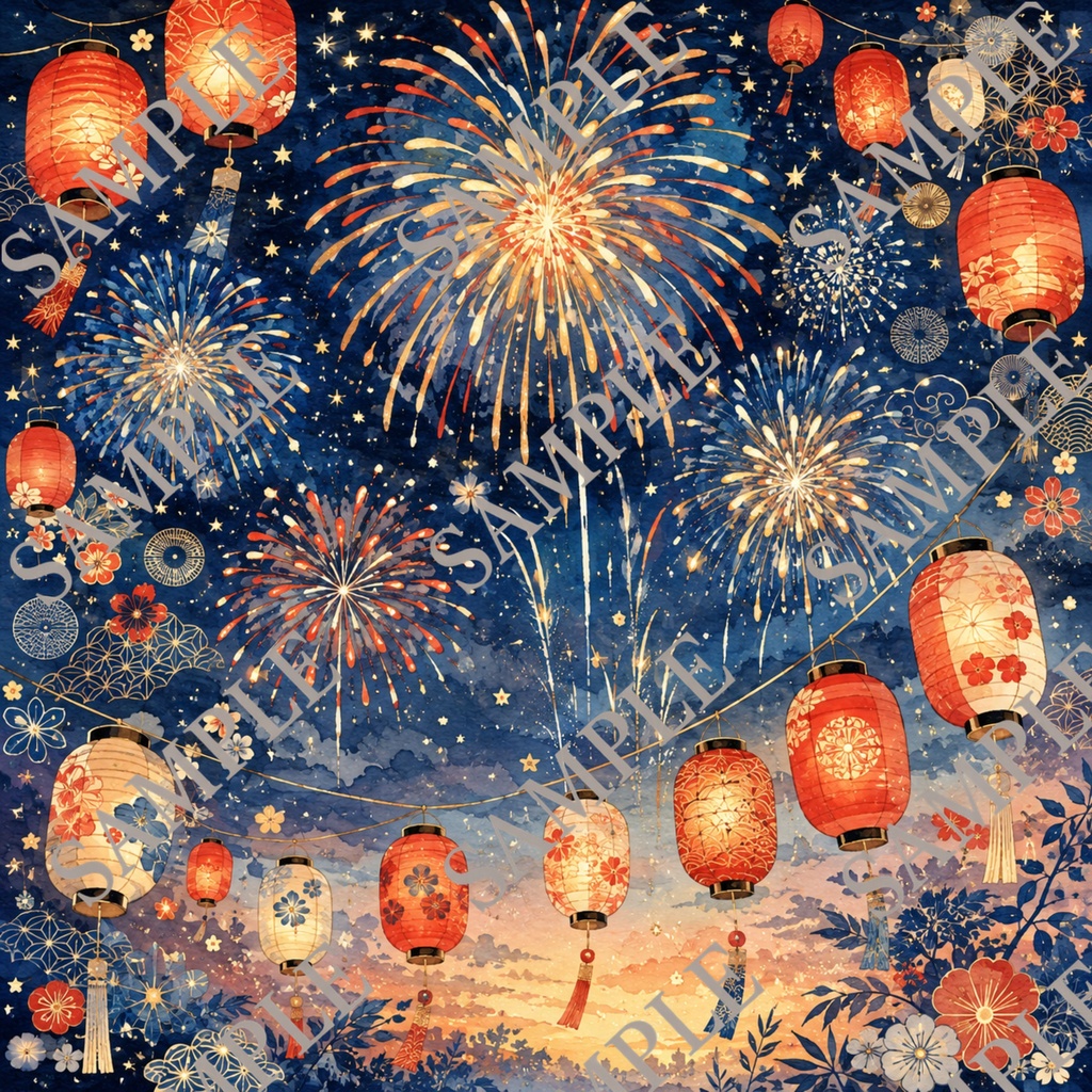 水彩夏祭り和風ペーパー12枚|No.10