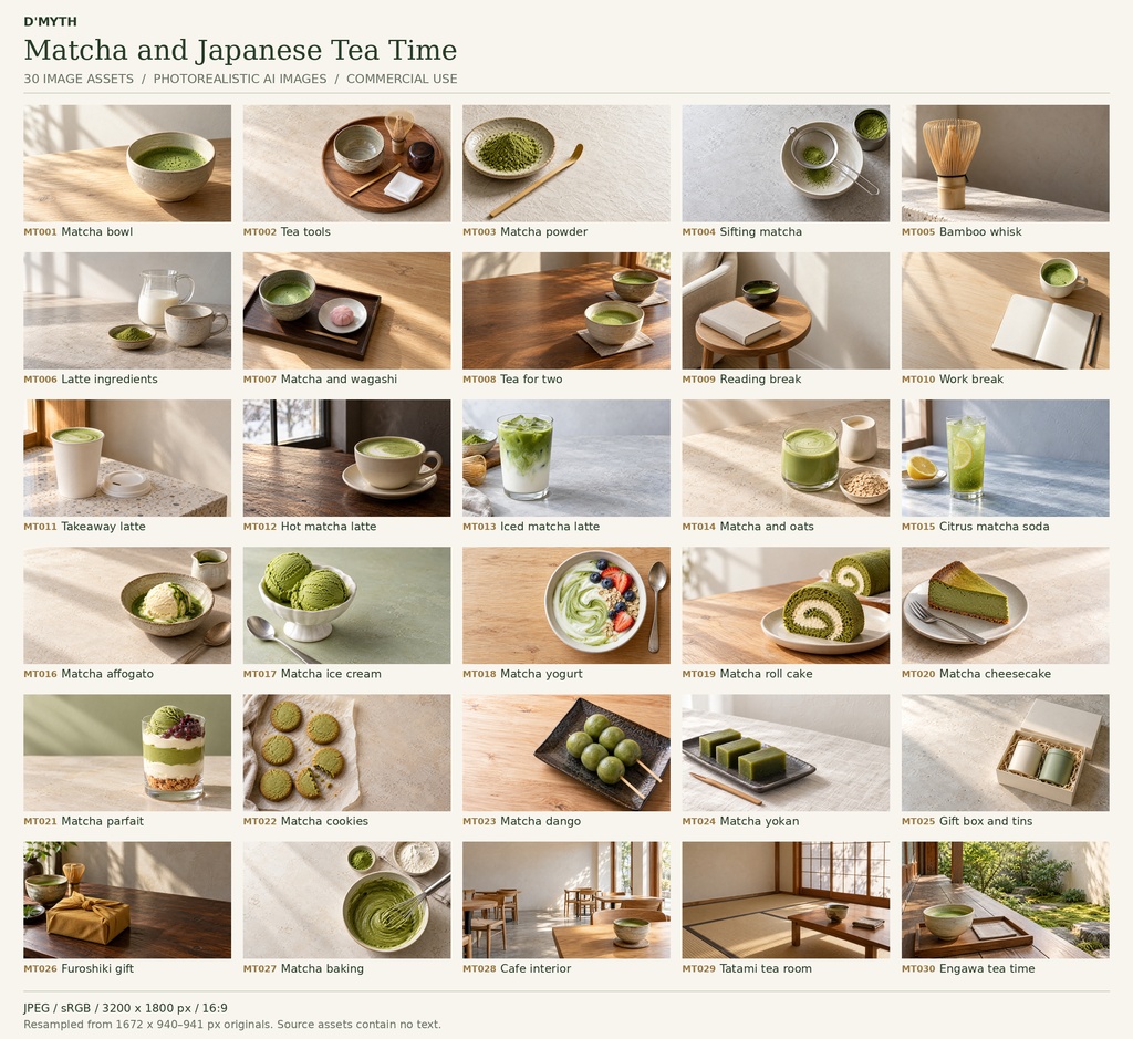 【商用利用可】抹茶と和のティータイム|写真風AI画像素材30枚パック Matcha & Japanese Tea Time — 30 AI-Generated Images for Commercial Use