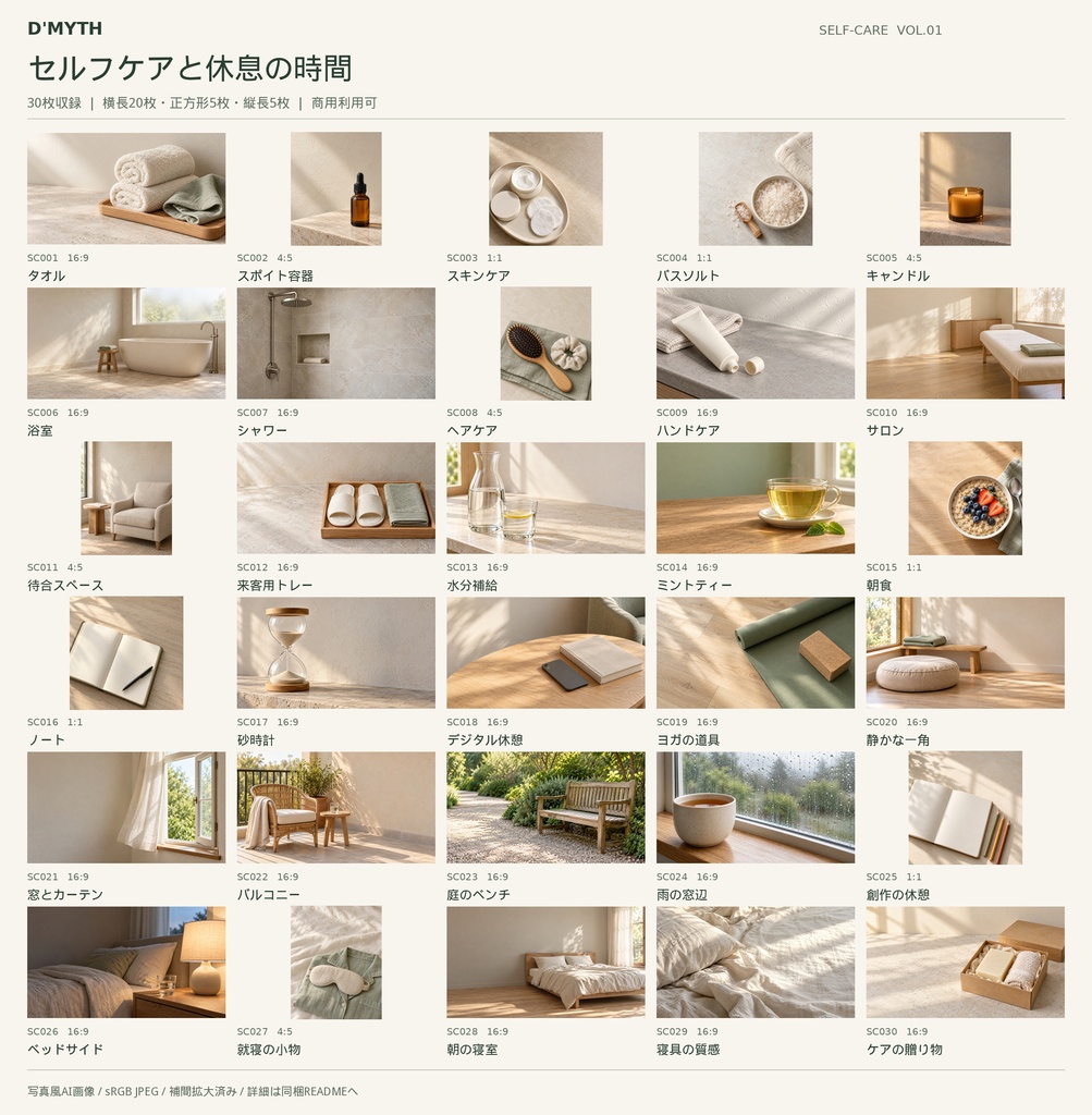【商用利用可】セルフケアと休息の時間|写真風AI画像素材30枚パック Self-Care & Quiet Moments — 30 AI-Generated Images for Commercial Use