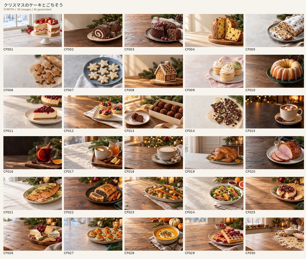 【商用利用可】クリスマスのケーキとごちそう｜写真風AI画像素材30枚セット　  Christmas Cakes and Festive Food | 30 Photorealistic AI Images for Commercial Use