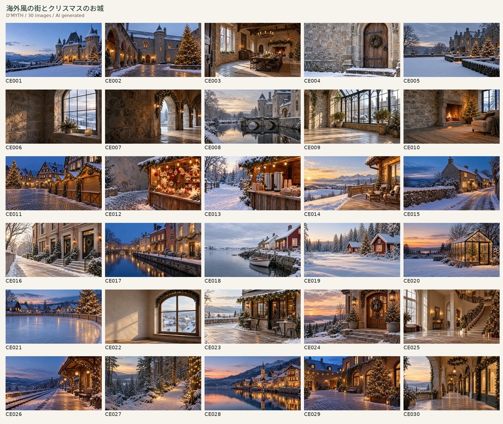 【商用利用可】海外風の街とクリスマスのお城｜写真風AI背景素材30枚セット    Christmas Towns and Castle  | 30 Photorealistic AI Backgrounds