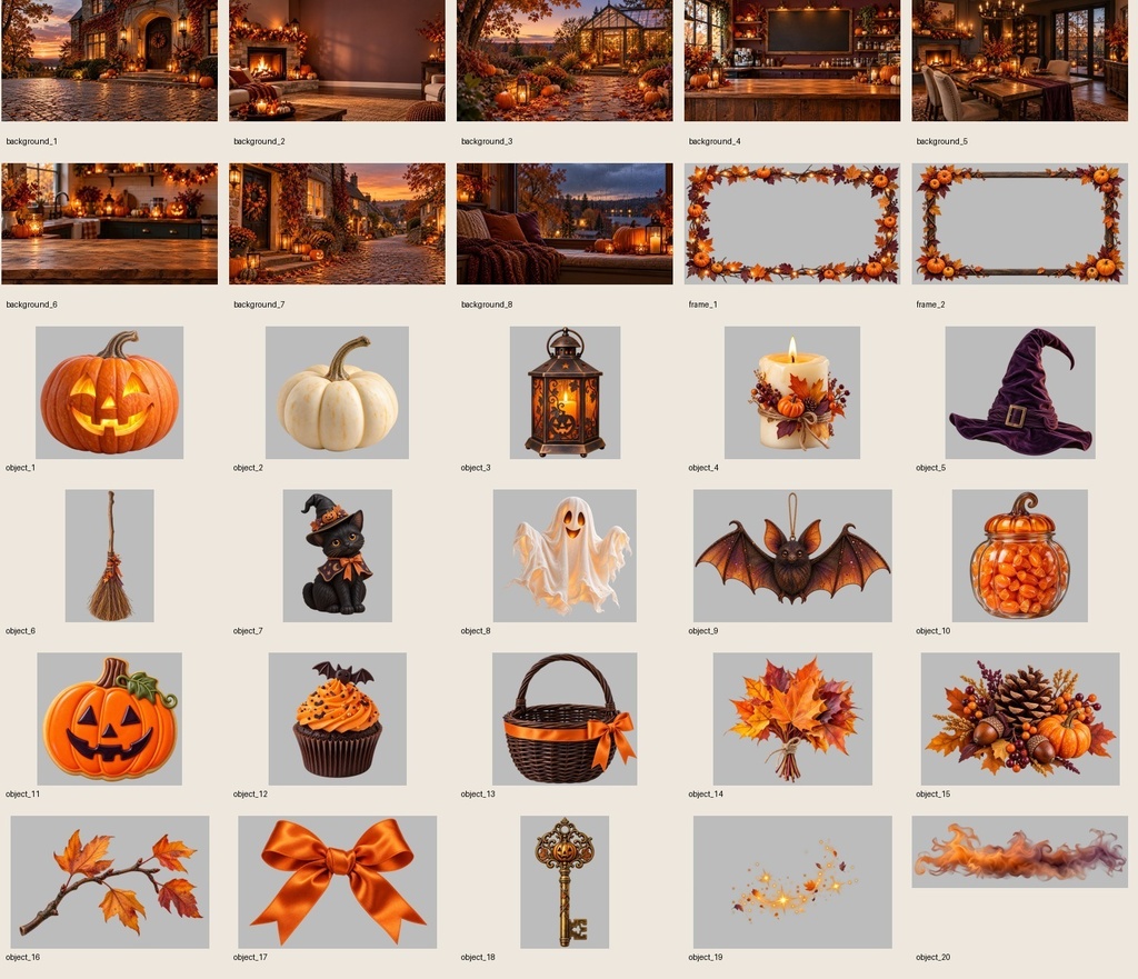 【商用利用可】秋灯りのハロウィン｜リアル風背景・透過素材30点セット　　Warm Autumn Halloween | 30 Photorealistic Backgrounds & Transparent PNG Assets