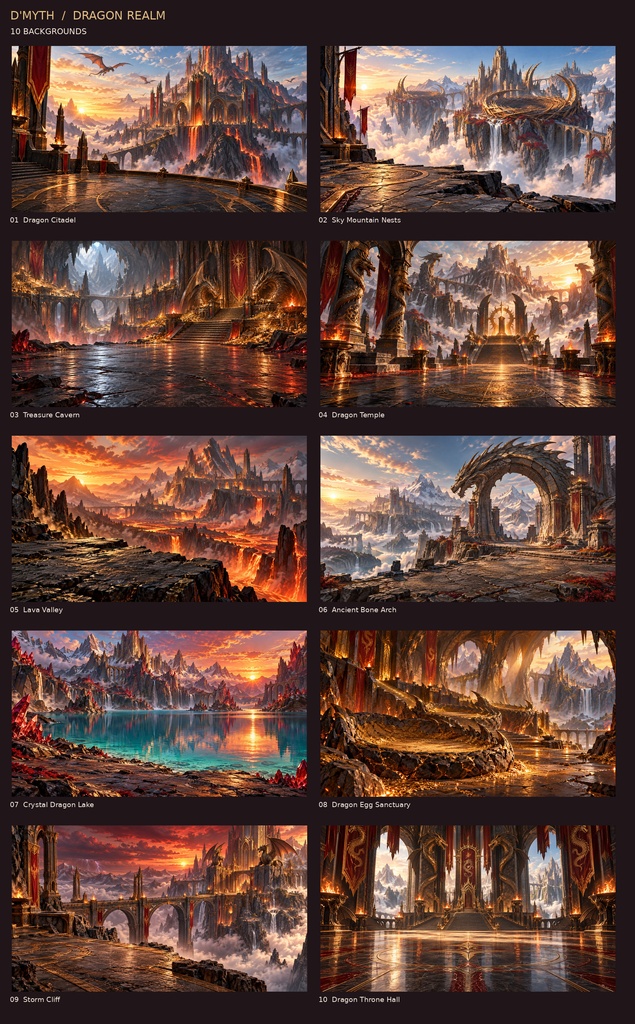 DRAGON REALM｜竜が棲む幻想世界 素材30点セット【背景10枚＋透過PNG20点】　　DRAGON REALM — 30 Fantasy Backgrounds & Transparent Assets
