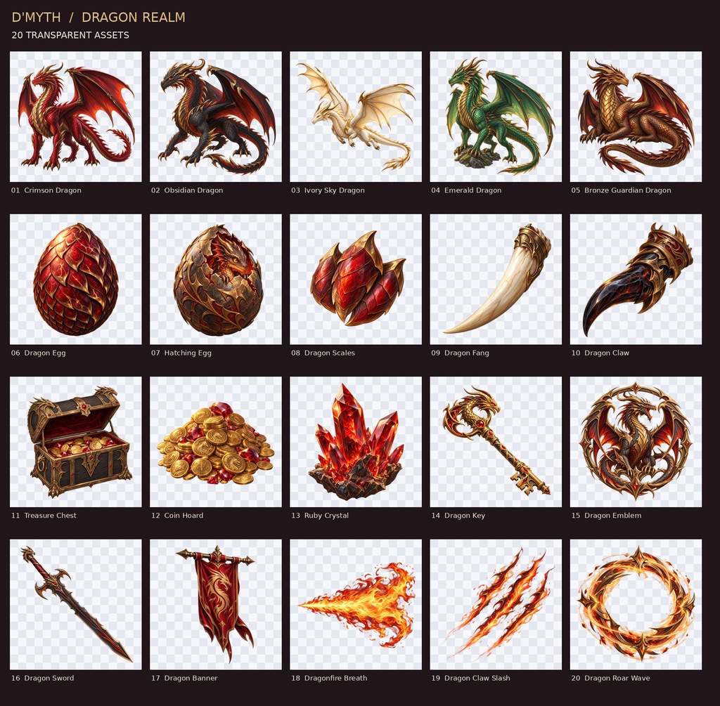 DRAGON REALM|竜が棲む幻想世界 素材30点セット【背景10枚+透過PNG20点】 DRAGON REALM — 30 Fantasy Backgrounds & Transparent Assets