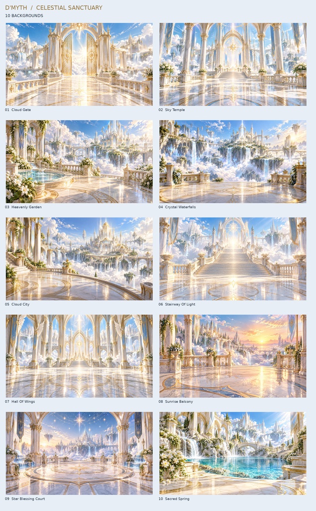 CELESTIAL SANCTUARY｜雲上の天界 素材30点セット【背景10枚＋透過PNG20点】  CELESTIAL SANCTUARY — 30 Heavenly Fantasy Assets