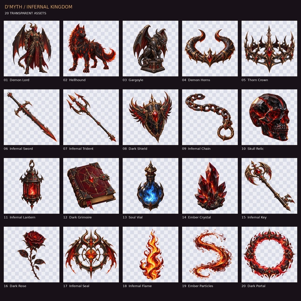 INFERNAL KINGDOM|獄炎と黒曜の冥界 素材30点セット【背景10枚+透過PNG20点】 INFERNAL KINGDOM — 30 Dark Fantasy Assets