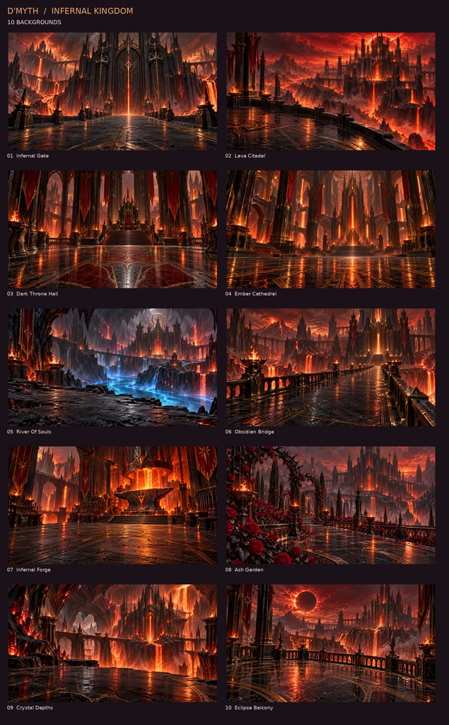 INFERNAL KINGDOM|獄炎と黒曜の冥界 素材30点セット【背景10枚+透過PNG20点】 INFERNAL KINGDOM — 30 Dark Fantasy Assets