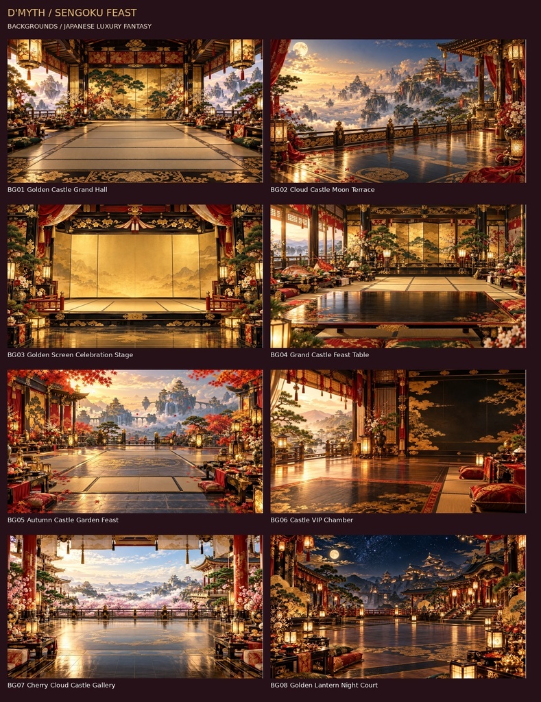 SENGOKU FEAST｜戦国・天下人の大祝宴 お祝い素材30点セット【背景8枚＋透過枠2点＋透過小物20点】  SENGOKU FEAST — 30 Luxurious Japanese Castle Celebration Assets