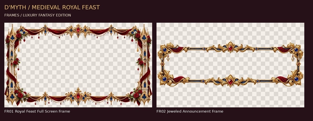 MEDIEVAL ROYAL FEAST|中世王国・王侯貴族の大祝宴 素材30点セット【背景8枚+透過枠2点+透過小物20点】 MEDIEVAL ROYAL FEAST — 30 Luxurious Medieval Fantasy Celebration Assets