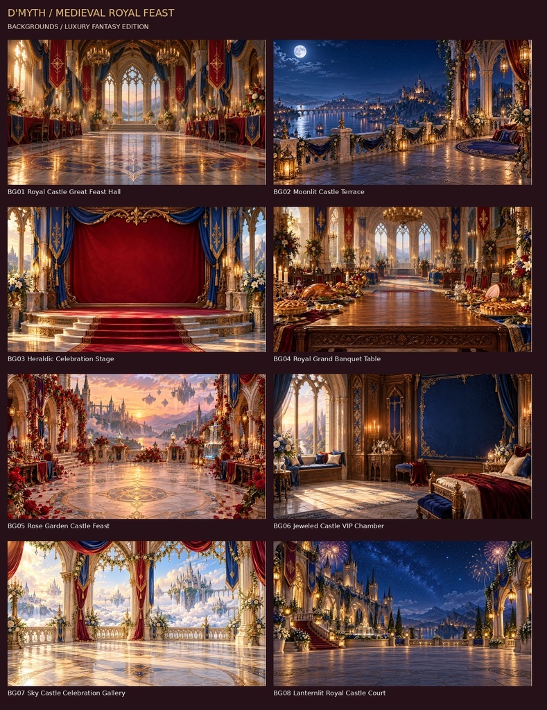 MEDIEVAL ROYAL FEAST｜中世王国・王侯貴族の大祝宴 素材30点セット【背景8枚＋透過枠2点＋透過小物20点】  MEDIEVAL ROYAL FEAST — 30 Luxurious Medieval Fantasy Celebration Assets