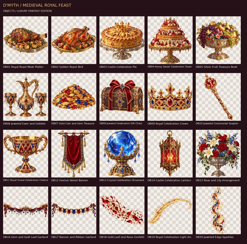 MEDIEVAL ROYAL FEAST|中世王国・王侯貴族の大祝宴 素材30点セット【背景8枚+透過枠2点+透過小物20点】 MEDIEVAL ROYAL FEAST — 30 Luxurious Medieval Fantasy Celebration Assets