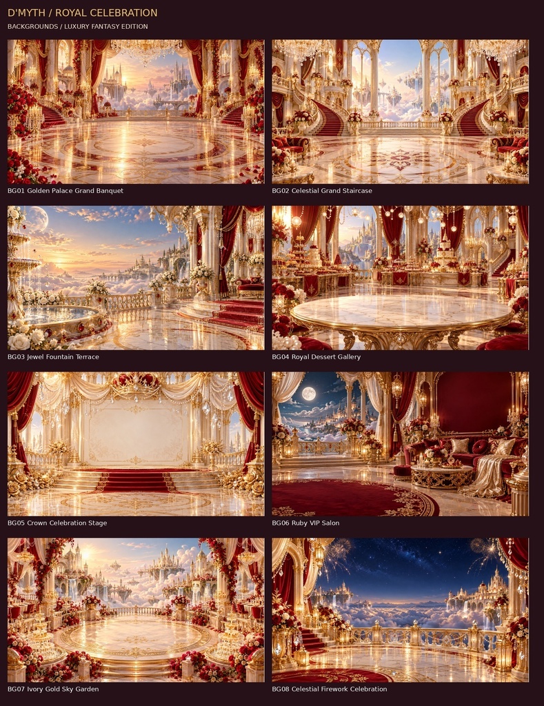 ROYAL CELEBRATION｜絢爛王宮の誕生日・周年パーティー 素材30点セット【背景8枚＋透過枠2点＋透過小物20点】  ROYAL CELEBRATION — 30 Opulent Fantasy Birthday & Anniversary Assets