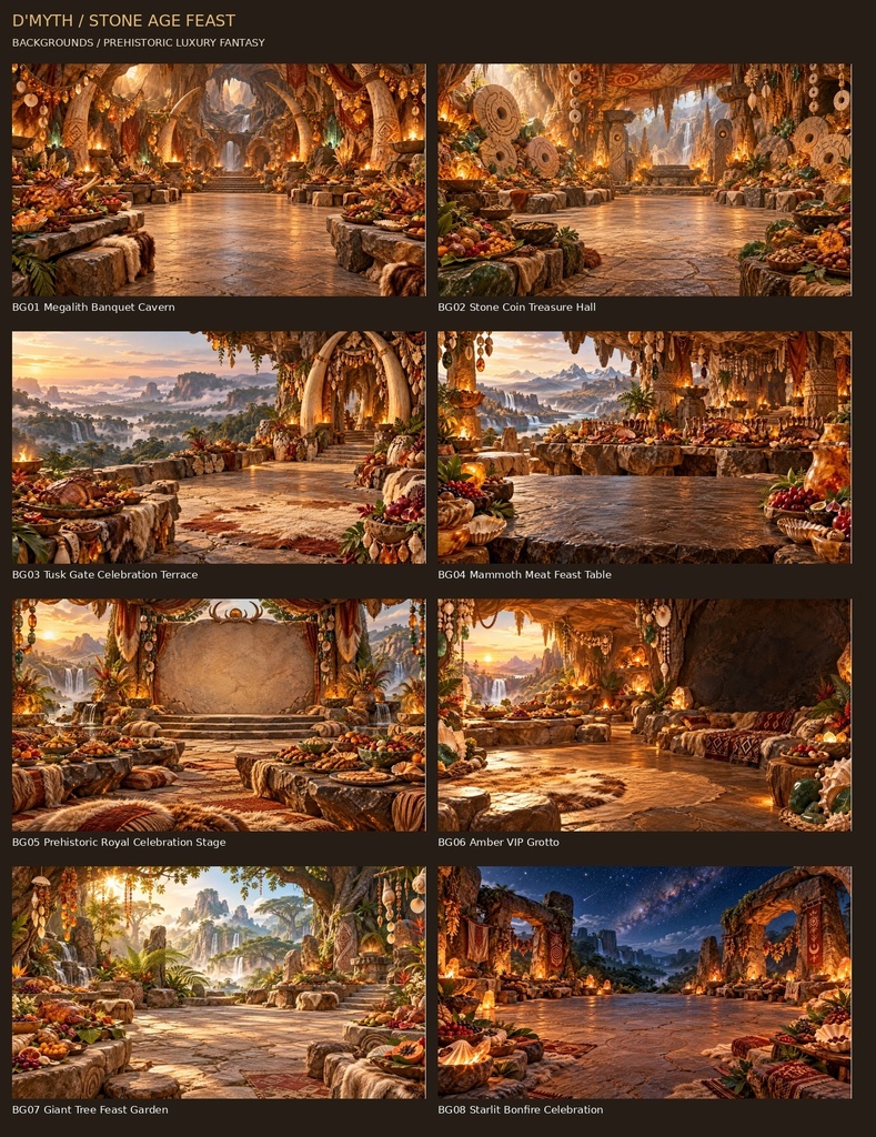 STONE AGE FEAST｜原始王の豪快な大祝宴 素材30点セット【背景8枚＋透過枠2点＋透過小物20点】  STONE AGE FEAST — 30 Extravagant Prehistoric Fantasy Celebration Assets