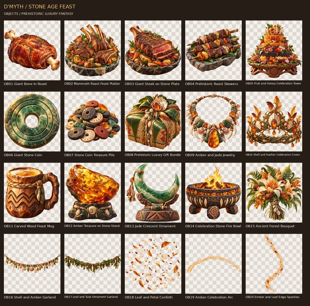 STONE AGE FEAST|原始王の豪快な大祝宴 素材30点セット【背景8枚+透過枠2点+透過小物20点】 STONE AGE FEAST — 30 Extravagant Prehistoric Fantasy Celebration Assets