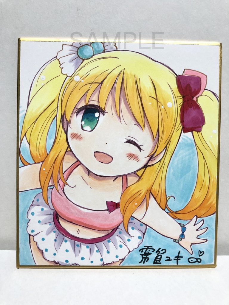 直筆ミニ色紙05：ピンクと水玉の水着娘